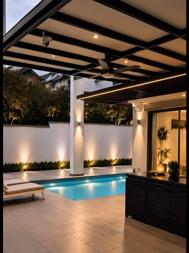 Evening pool terrace of a landed home in the East of Singapore