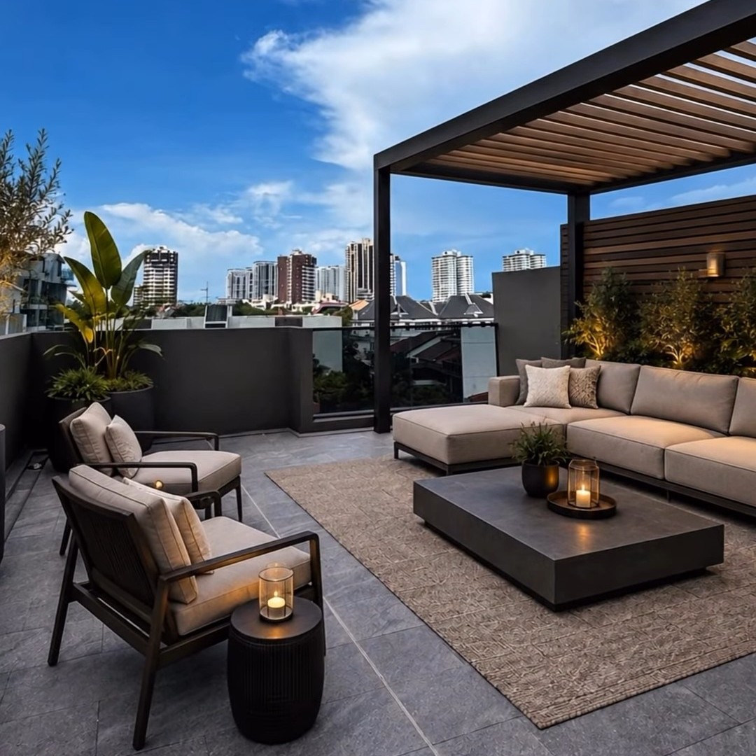 Roof terrace of a landed home looking towards the East Coast skyline